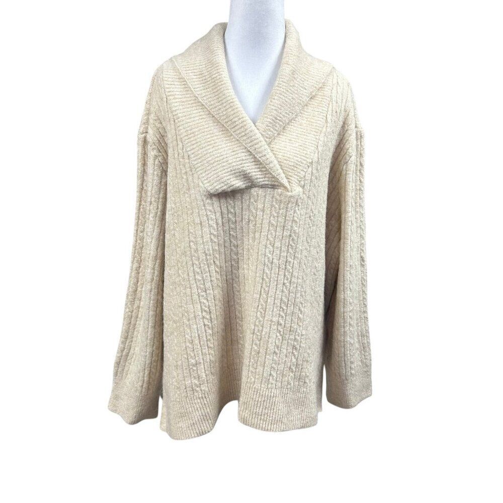 NEW Zara Ribbed Cozy Cable Knit Shawl Collar Sweater Sz M Cream